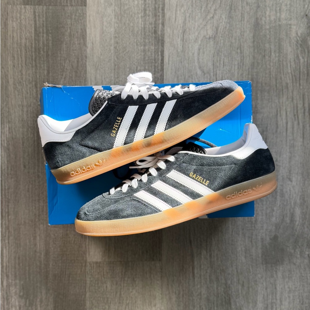 Adidas Gazelle Black Suede Sneakers with White Stripes and Gum Sole